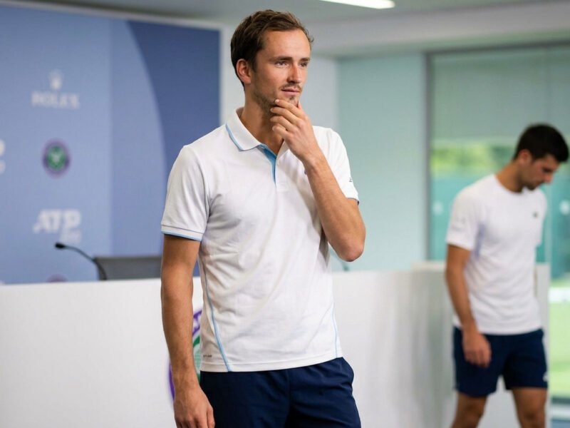 Daniil Medvedev pensif lors d'une conférence de presse, Novak Djokovic en arrière-plan.