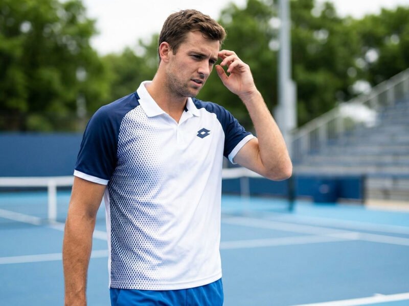 Félix Auger-Aliassime, l'air préoccupé, portant un polo de tennis blanc et bleu sur un court en dur.