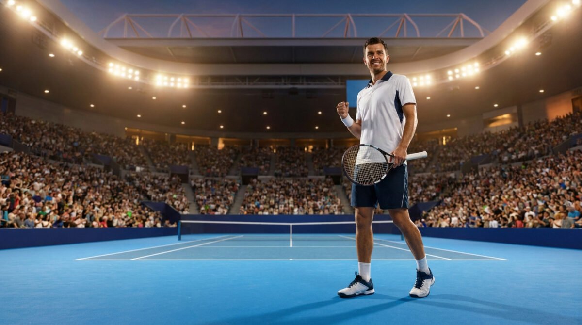 Un joueur de tennis célèbre l'emporte sur un court bleu entouré par une foule nombreuse lors d'une finale en soirée.