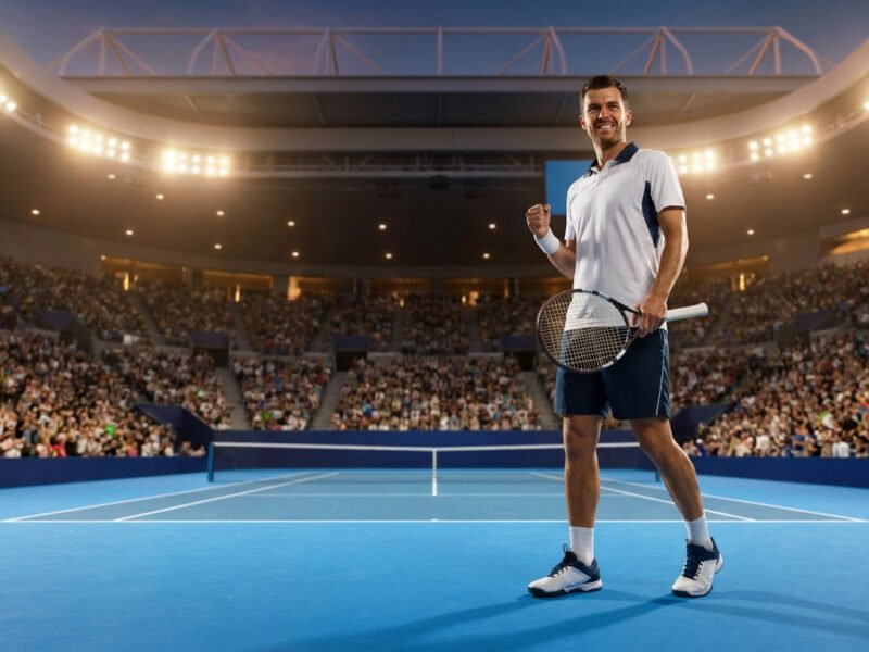 Un joueur de tennis célèbre l'emporte sur un court bleu entouré par une foule nombreuse lors d'une finale en soirée.