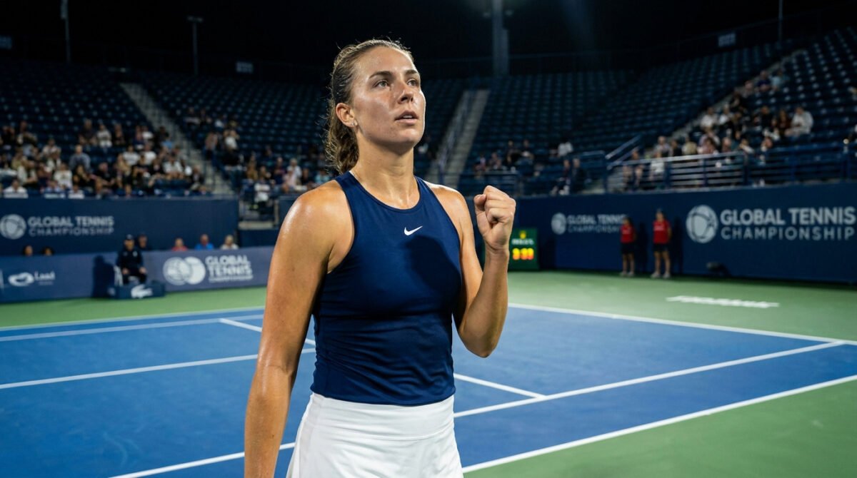Une joueuse de tennis serre le poing après un point lors d'un match nocturne sur un court bleu.