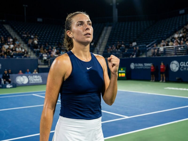 Une joueuse de tennis serre le poing après un point lors d'un match nocturne sur un court bleu.