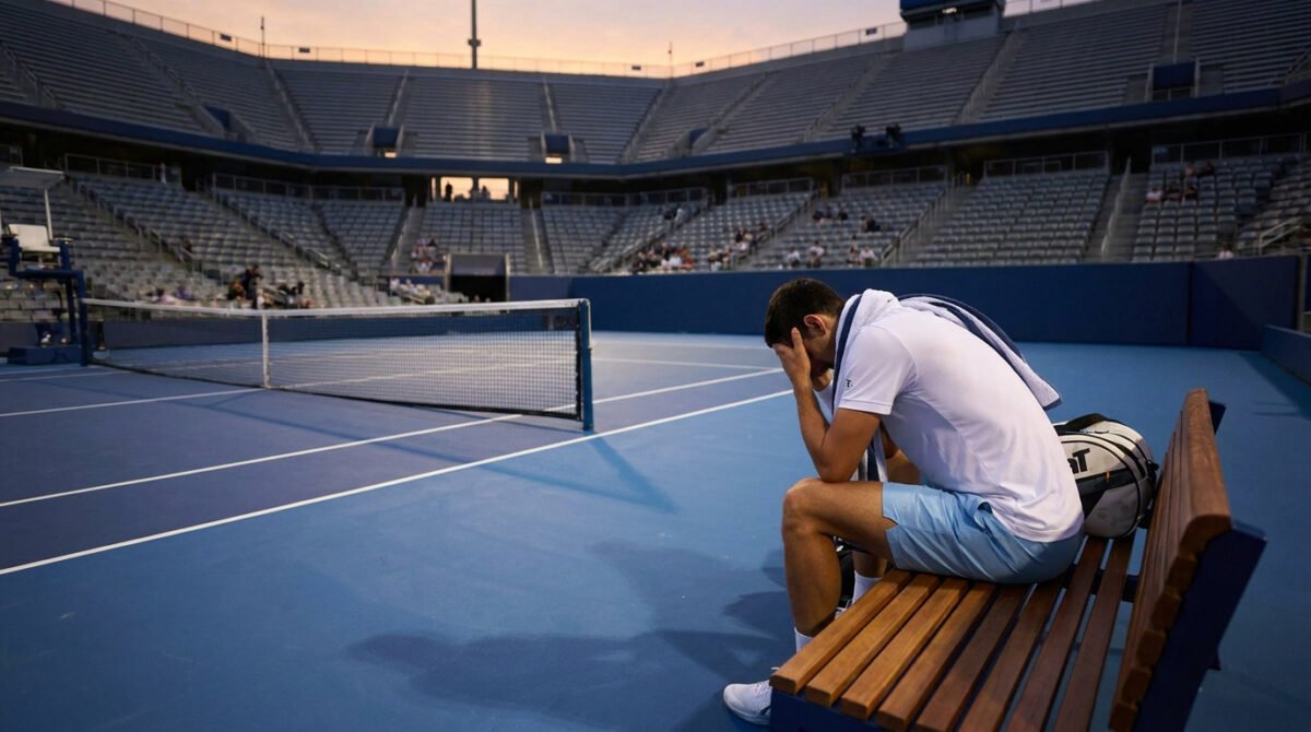 Un joueur de tennis est assis sur un banc, la tête dans les mains, après une défaite sur un court de l'US Open.