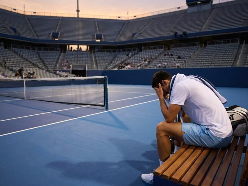 Un joueur de tennis est assis sur un banc, la tête dans les mains, après une défaite sur un court de l'US Open.