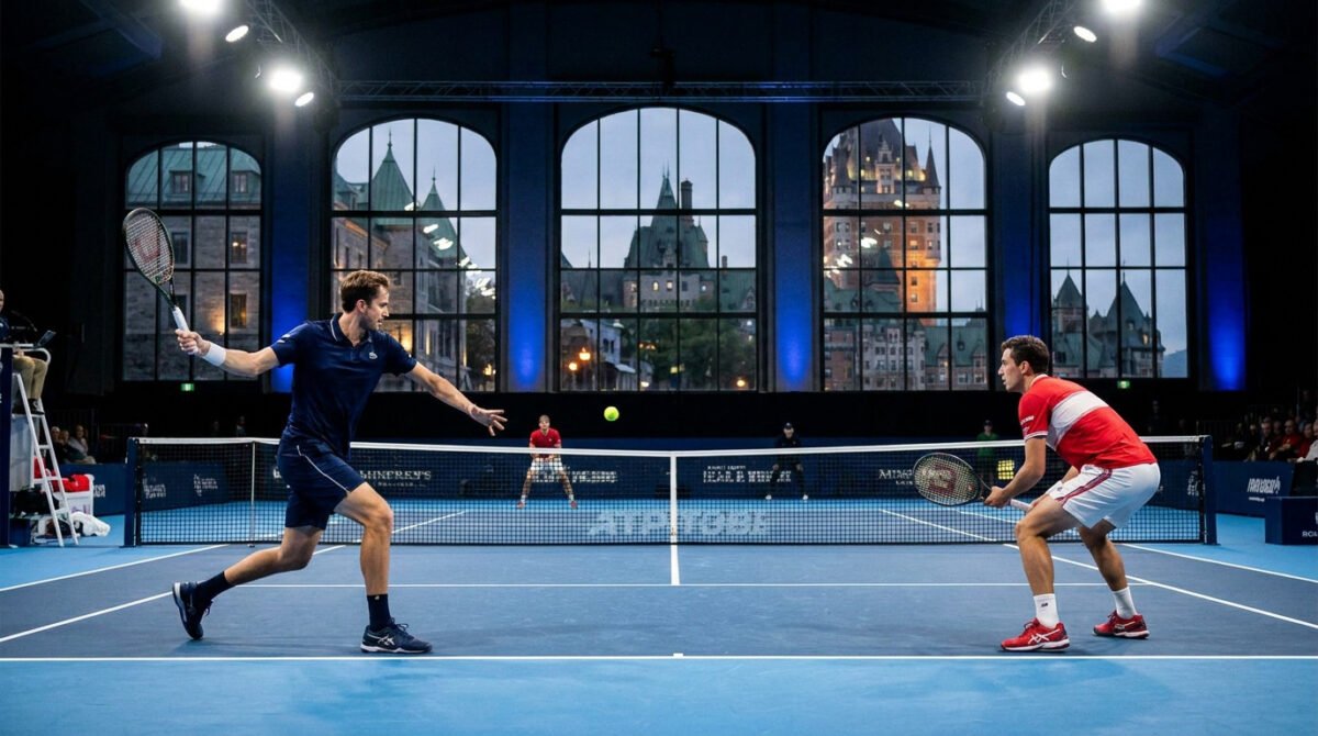 Deux joueurs de tennis s'affrontent sur un court intérieur avec le Château Frontenac en arrière-plan.