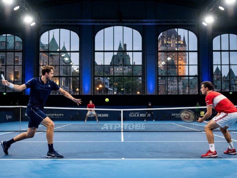 Deux joueurs de tennis s'affrontent sur un court intérieur avec le Château Frontenac en arrière-plan.