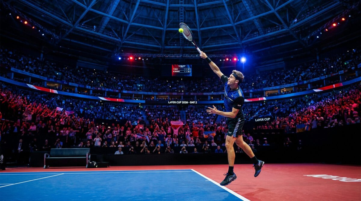 Un joueur de tennis réalise un service puissant sous les projecteurs de l'O2 Arena lors de la Laver Cup 2026.