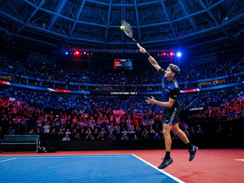Un joueur de tennis réalise un service puissant sous les projecteurs de l'O2 Arena lors de la Laver Cup 2026.