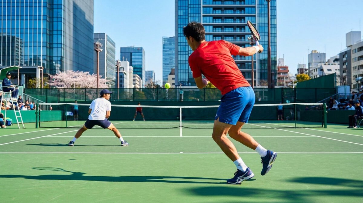 Deux joueurs de tennis professionnels en plein échange sur un court en extérieur au cœur d'une ville moderne à Tokyo.