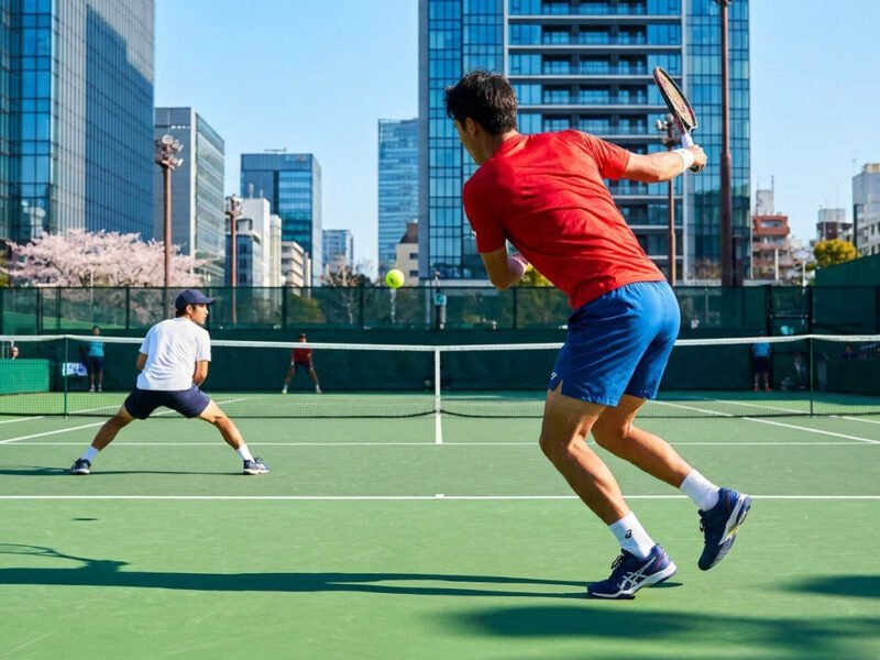 Deux joueurs de tennis professionnels en plein échange sur un court en extérieur au cœur d'une ville moderne à Tokyo.