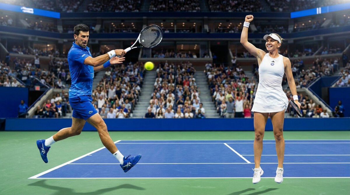 Novak Djokovic en plein revers face à une joueuse célébrant sa victoire sur le court bleu de l'US Open.