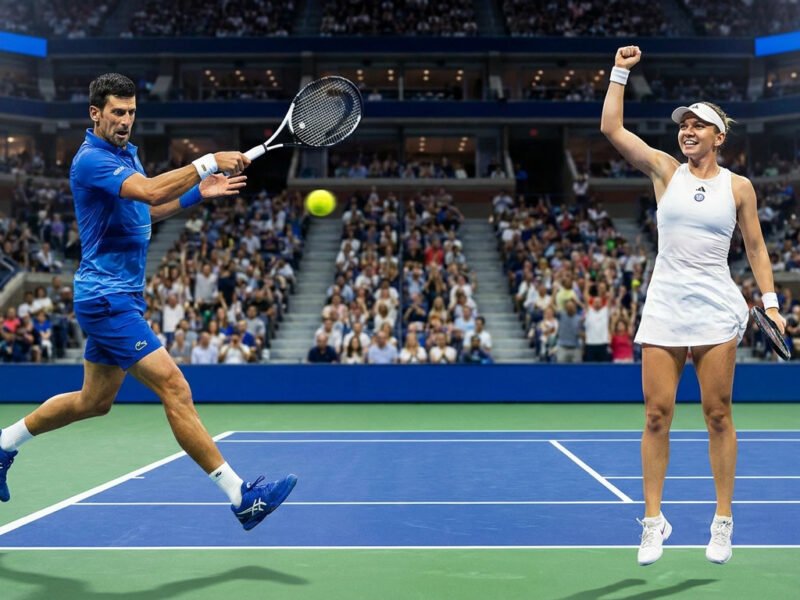 Novak Djokovic en plein revers face à une joueuse célébrant sa victoire sur le court bleu de l'US Open.