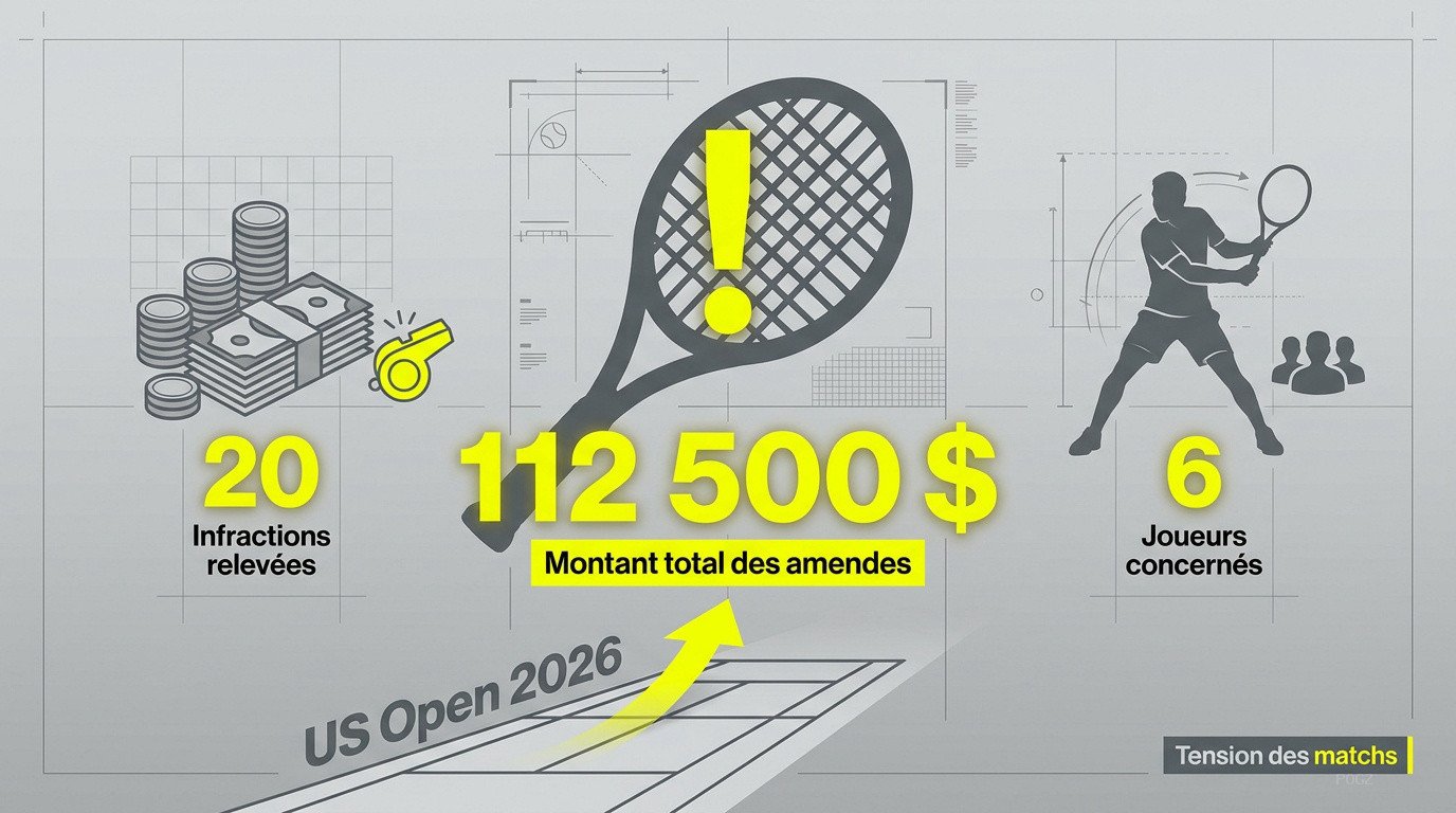 Graphique des amendes et infractions de l'US Open 2026 détaillant les montants par joueur