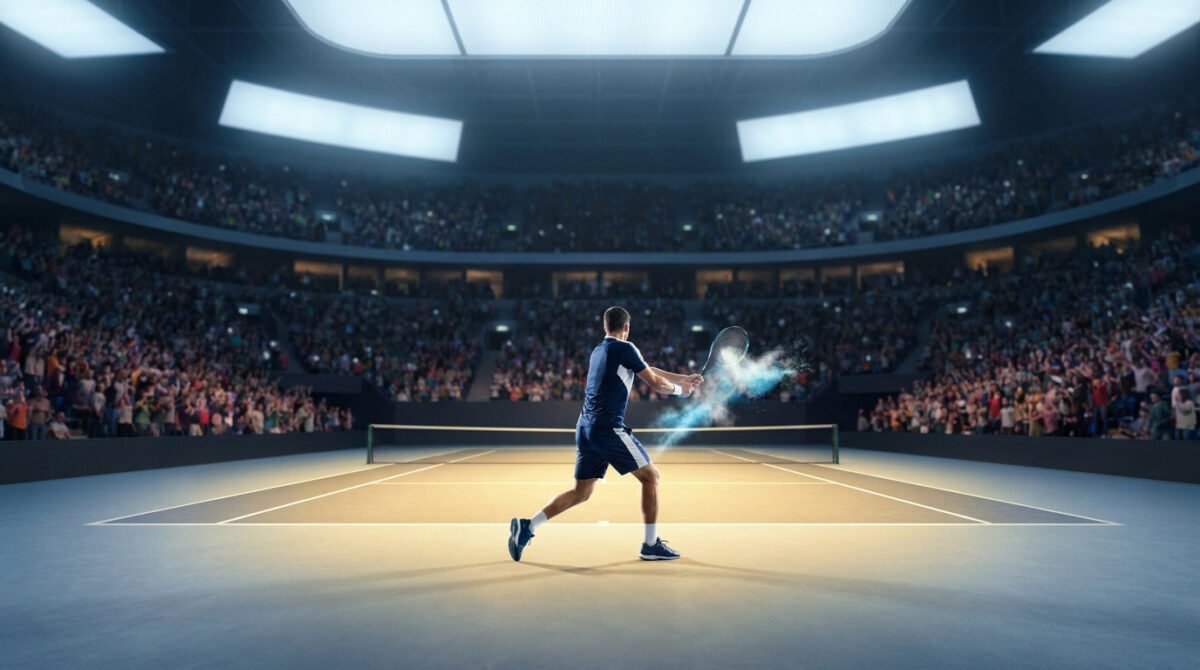 Un joueur de tennis frappe une balle dans un stade bondé avec un effet visuel de poussière bleue sur sa raquette.