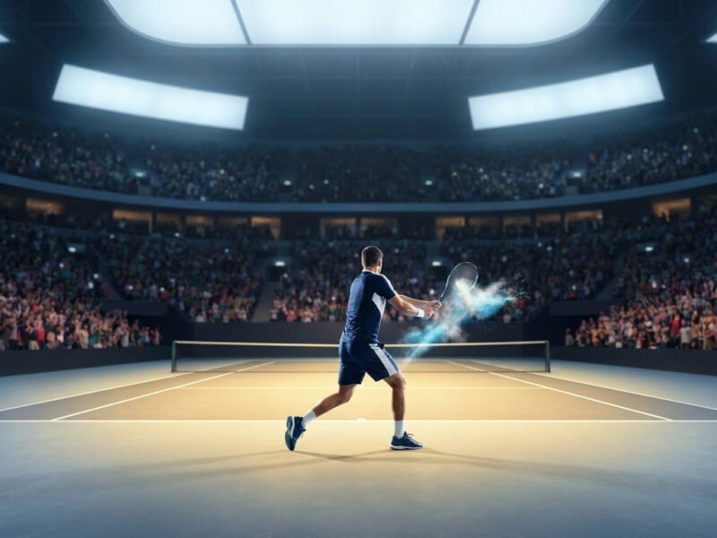 Un joueur de tennis frappe une balle dans un stade bondé avec un effet visuel de poussière bleue sur sa raquette.