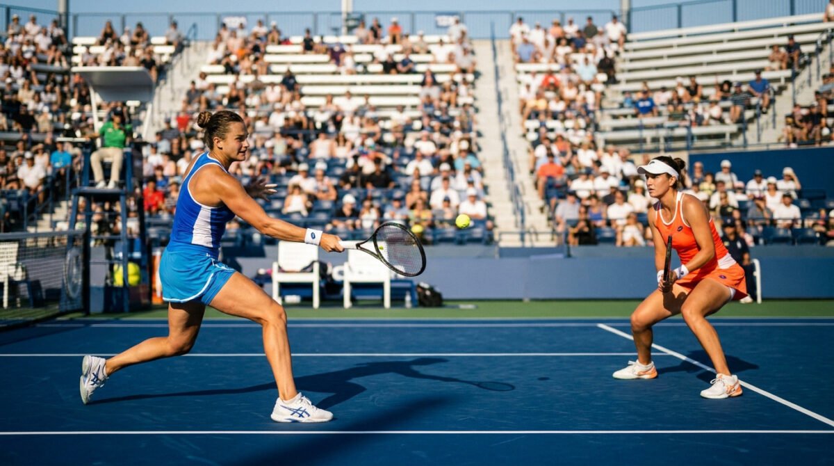 Deux joueuses de tennis professionnelles en plein échange sur un court en dur lors d'un match sous un grand soleil.
