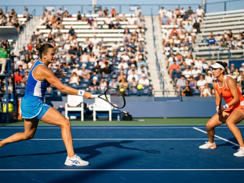 Deux joueuses de tennis professionnelles en plein échange sur un court en dur lors d'un match sous un grand soleil.