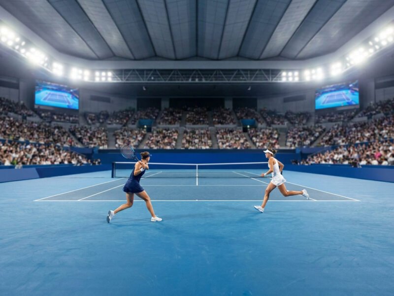 Deux joueuses de tennis s'affrontent sur un court bleu lors d'un tournoi WTA à Tokyo devant un public nombreux.