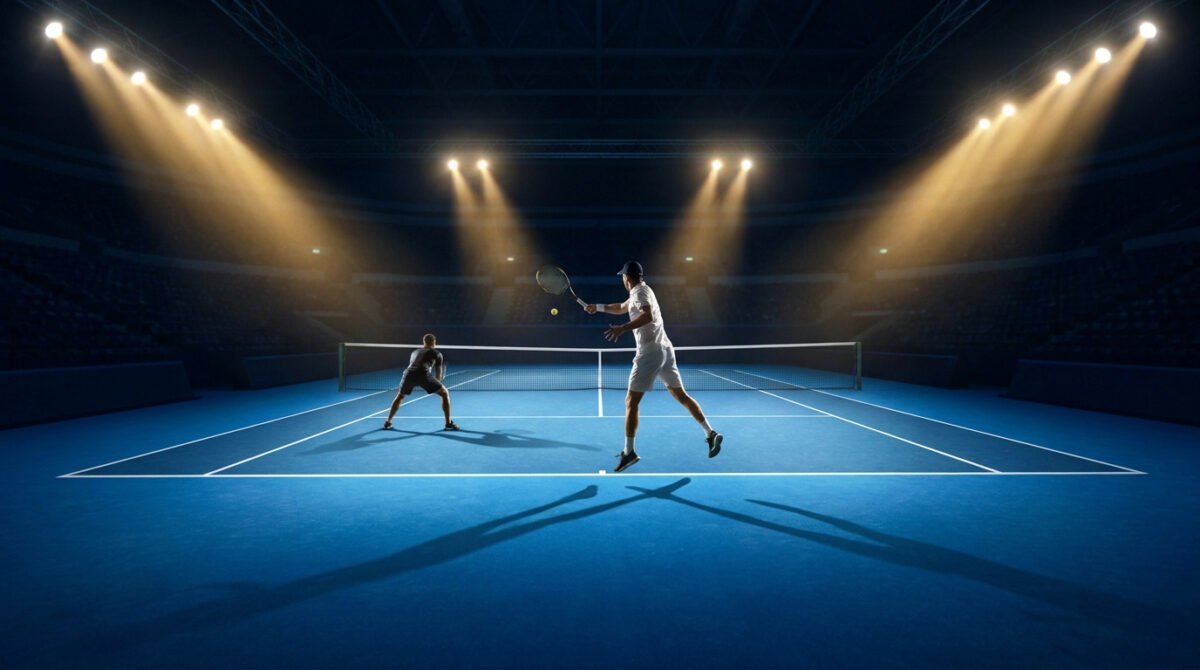 Deux joueurs de tennis s'affrontent sur un court bleu éclairé par des projecteurs puissants dans un stade sombre.