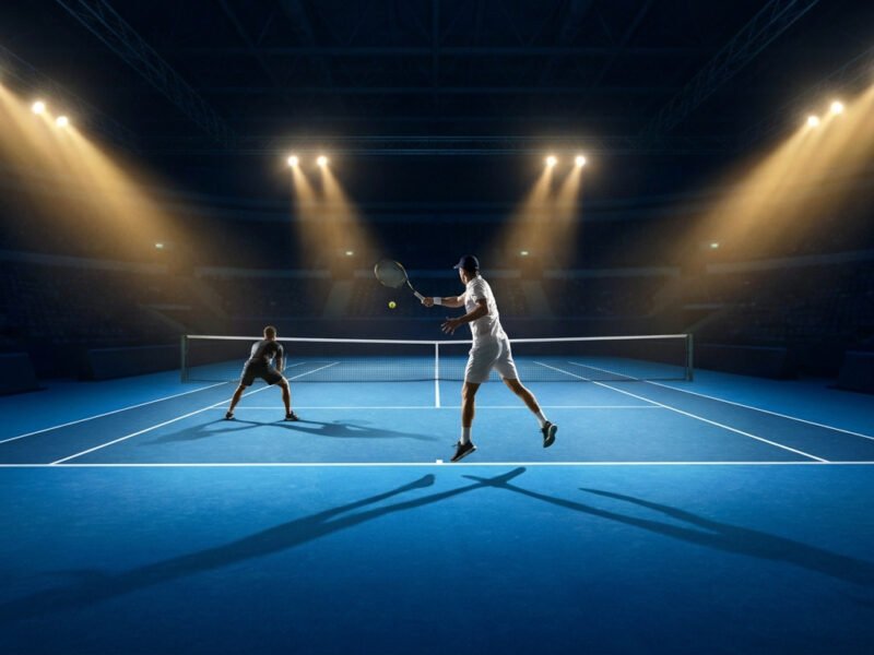 Deux joueurs de tennis s'affrontent sur un court bleu éclairé par des projecteurs puissants dans un stade sombre.