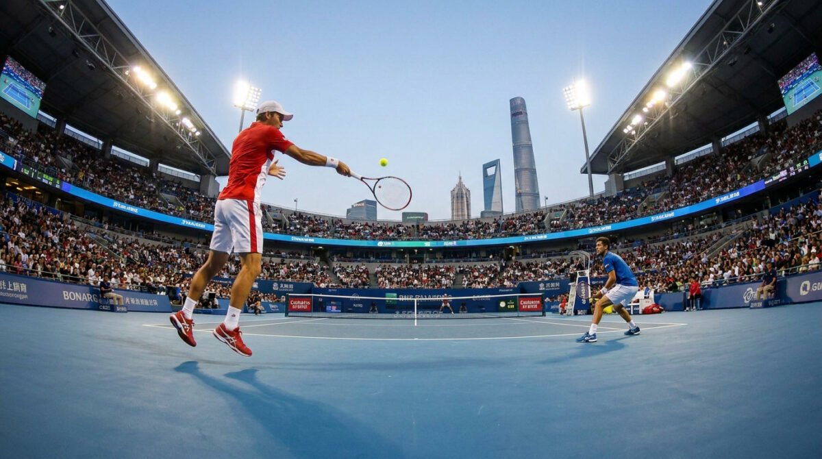 Deux joueurs de tennis espagnols s'affrontent sur un court lors d'un match intense à Shanghai.