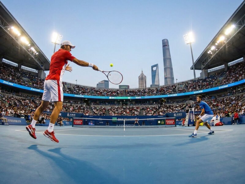 Deux joueurs de tennis espagnols s'affrontent sur un court lors d'un match intense à Shanghai.