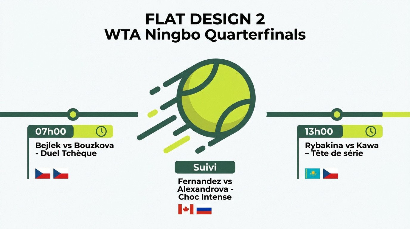 Infographie du programme des quarts de finale WTA Ningbo 2026 avec Rybakina et Fernandez