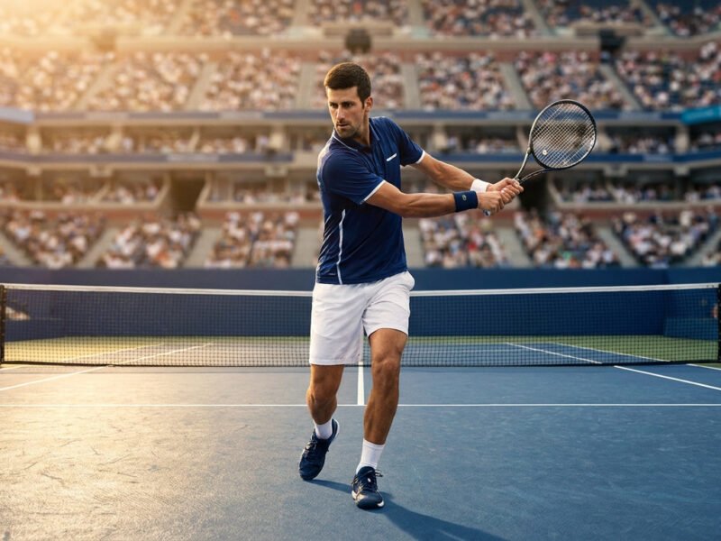 Novak Djokovic en tenue bleue et blanche effectuant un revers sur un court de tennis devant une foule nombreuse.