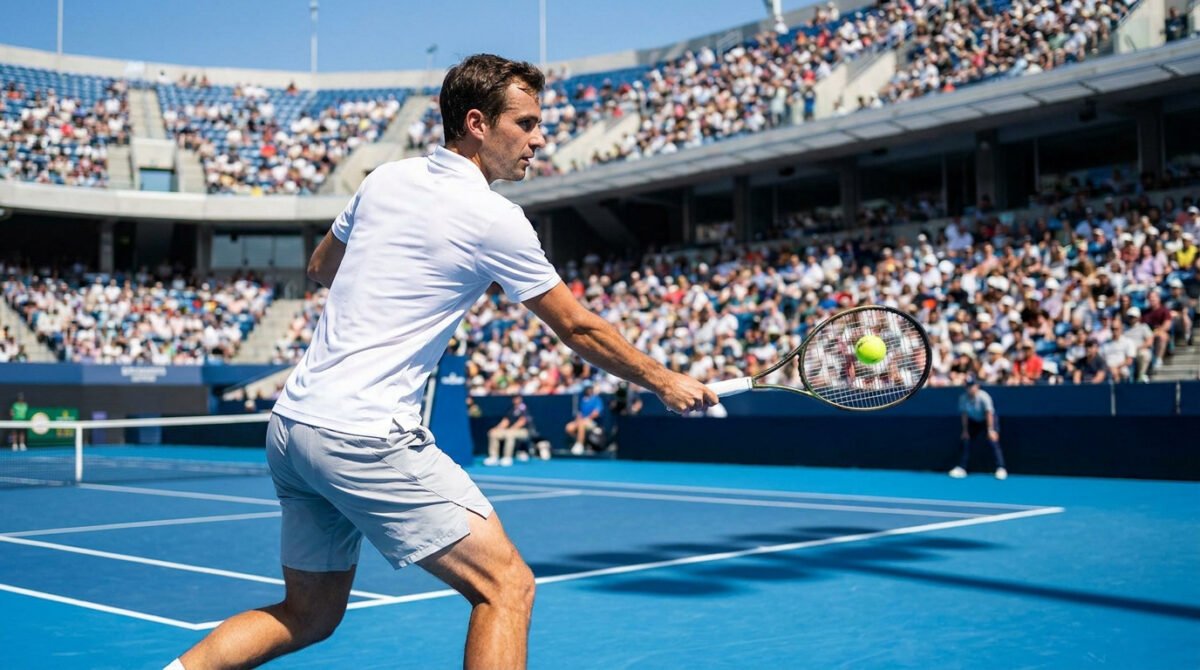 Adrian Mannarino frappe un coup droit lors d'un match de tennis sur un court bleu à Shanghai.