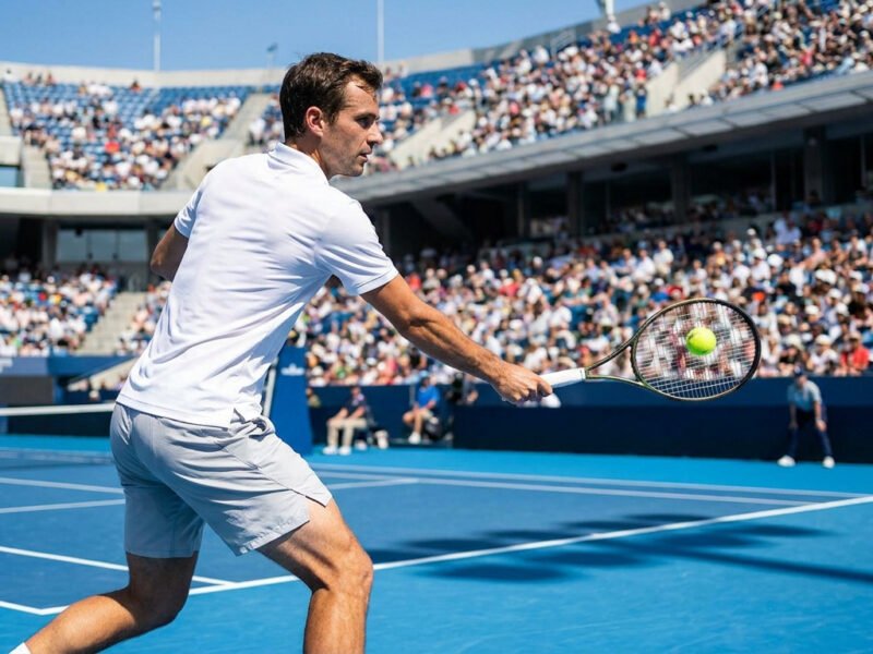 Adrian Mannarino frappe un coup droit lors d'un match de tennis sur un court bleu à Shanghai.