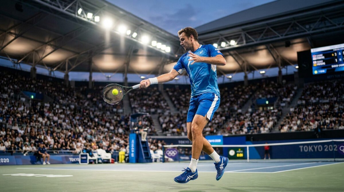 Un joueur de tennis en tenue bleue effectue un coup droit sur le court central lors d'un tournoi à Tokyo.