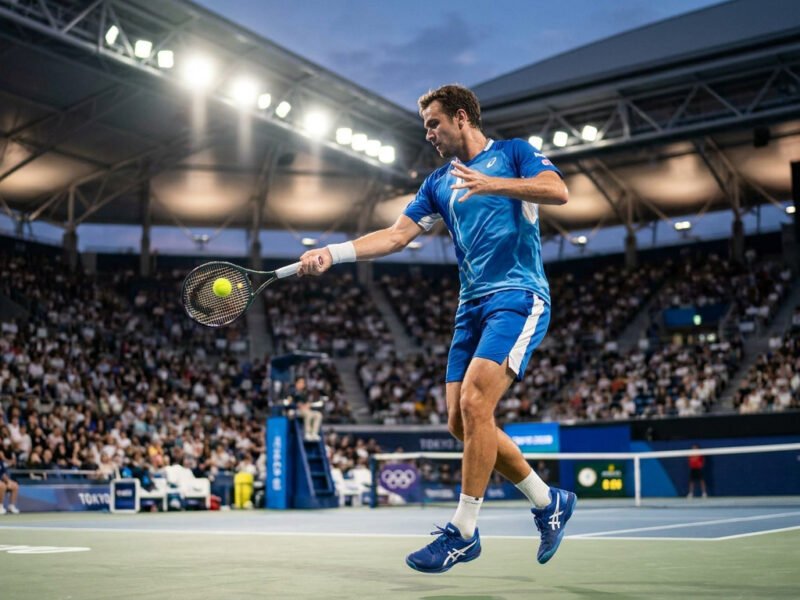 Un joueur de tennis en tenue bleue effectue un coup droit sur le court central lors d'un tournoi à Tokyo.