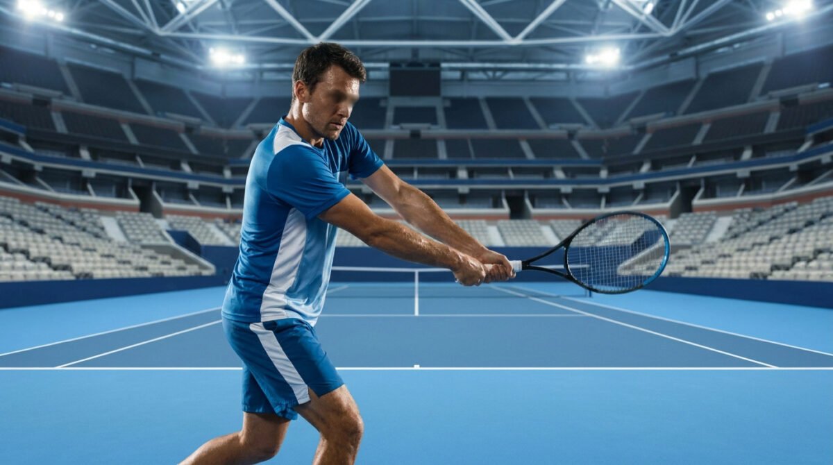 Un joueur de tennis en tenue bleue effectuant un revers sur un court intérieur éclairé.