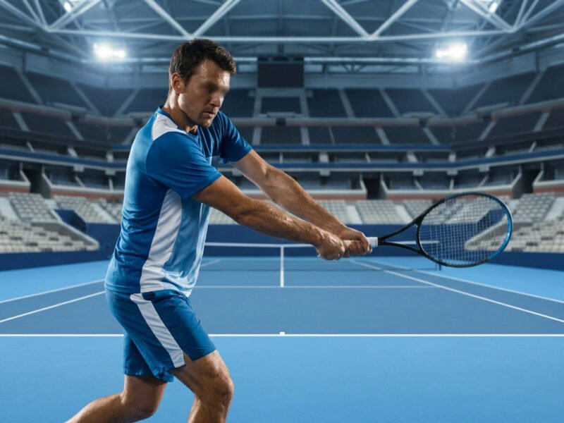 Un joueur de tennis en tenue bleue effectuant un revers sur un court intérieur éclairé.