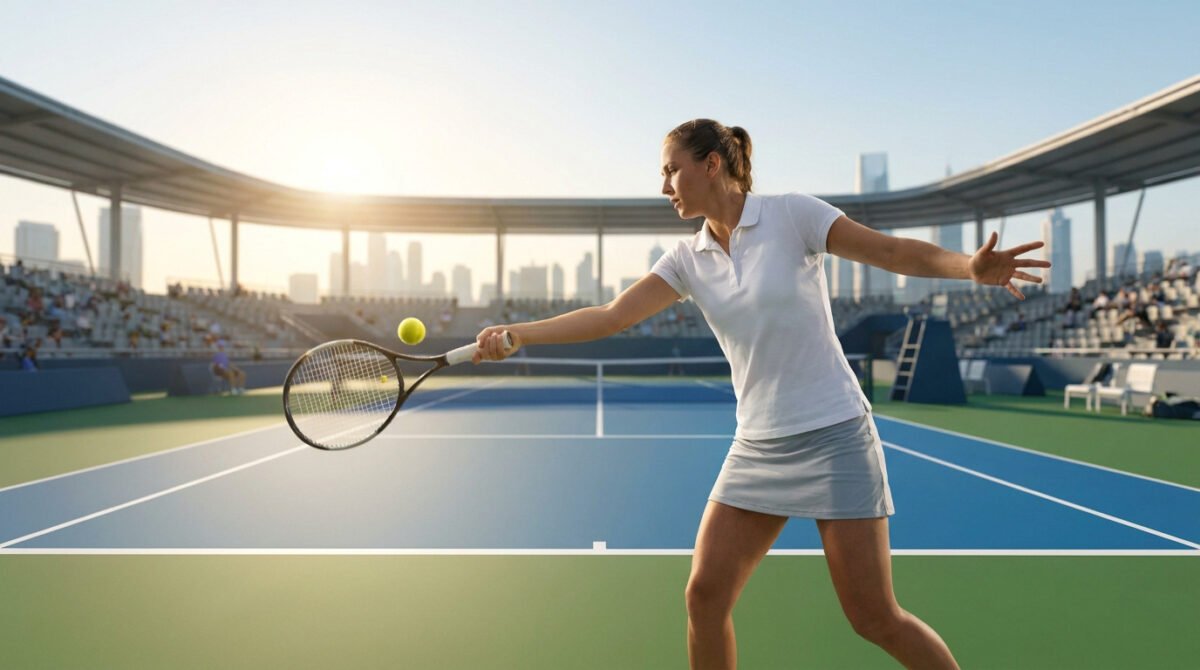 Une joueuse de tennis en tenue blanche effectuant un coup droit sur un court en dur avec la ville en arrière-plan.