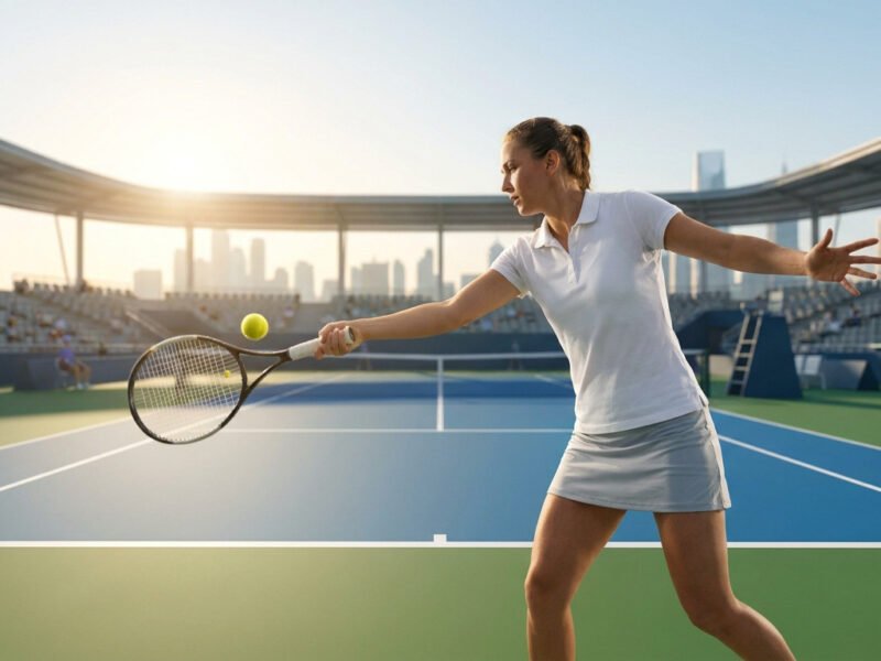 Une joueuse de tennis en tenue blanche effectuant un coup droit sur un court en dur avec la ville en arrière-plan.