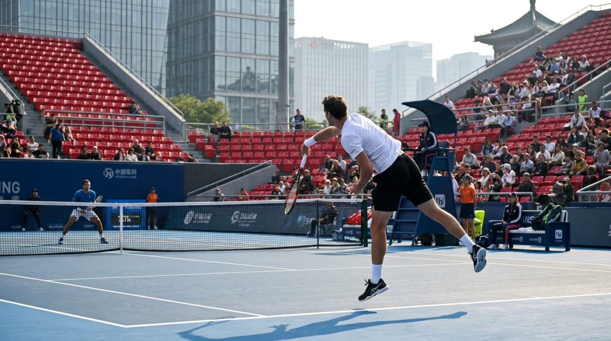 Un joueur de tennis en plein service sur le court du China Open, sous les yeux des spectateurs en tribunes.
