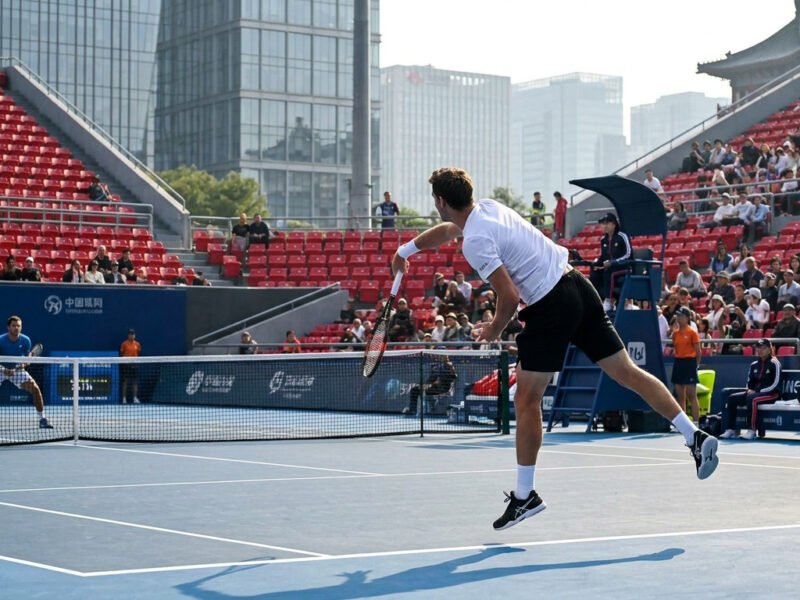 Un joueur de tennis en plein service sur le court du China Open, sous les yeux des spectateurs en tribunes.