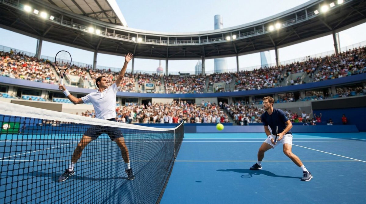 Deux joueurs de tennis professionnels s'affrontent sur le court bleu du tournoi Masters de Shanghai devant des tribunes.