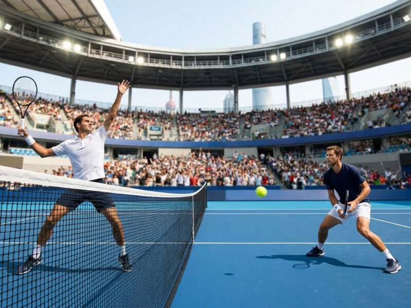 Deux joueurs de tennis professionnels s'affrontent sur le court bleu du tournoi Masters de Shanghai devant des tribunes.