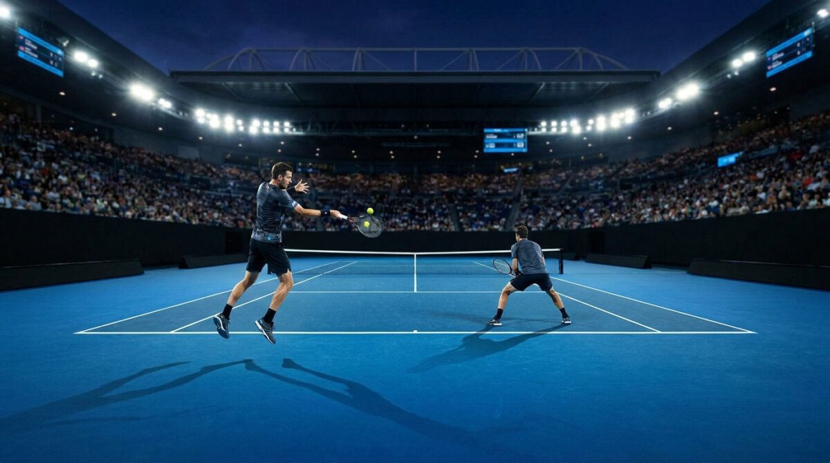 Deux joueurs de tennis en plein échange sur un court en dur bleu, sous les projecteurs d'un stade rempli.