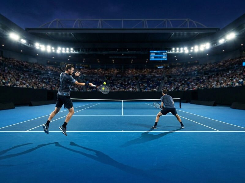 Deux joueurs de tennis en plein échange sur un court en dur bleu, sous les projecteurs d'un stade rempli.