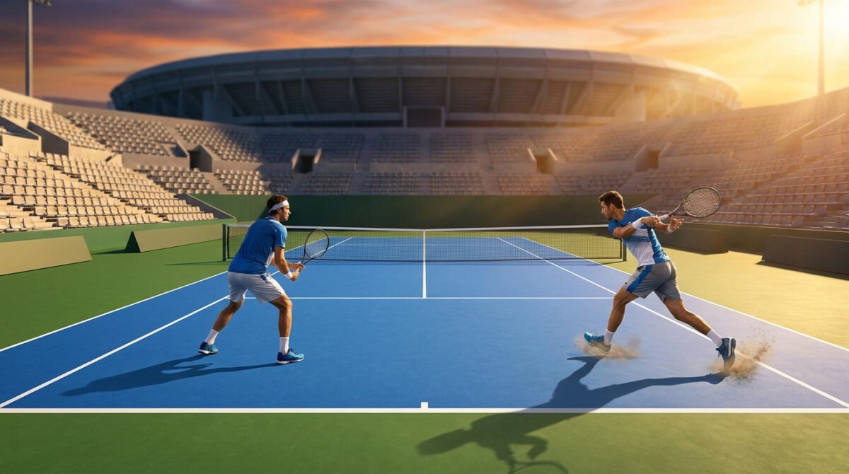 Deux joueurs de tennis professionnels s'affrontent sur un court bleu lors d'un match intense au coucher du soleil.