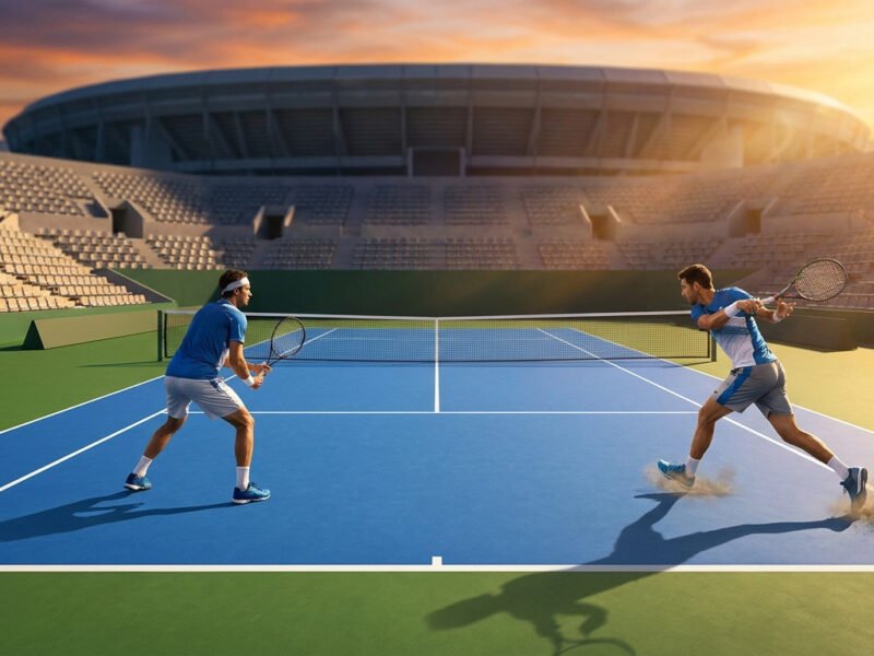 Deux joueurs de tennis professionnels s'affrontent sur un court bleu lors d'un match intense au coucher du soleil.