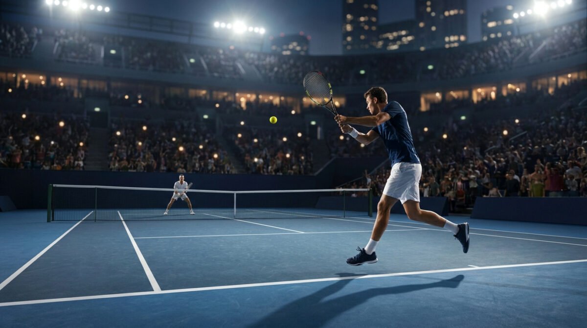 Un joueur de tennis effectue un coup droit en plein saut lors d'un match nocturne dans un stade bondé.