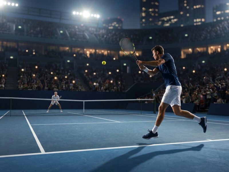 Un joueur de tennis effectue un coup droit en plein saut lors d'un match nocturne dans un stade bondé.