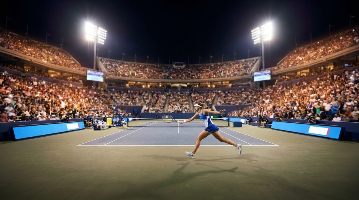 Une joueuse de tennis effectue un coup droit sur un court éclairé devant des tribunes bondées lors d'un tournoi nocturne.