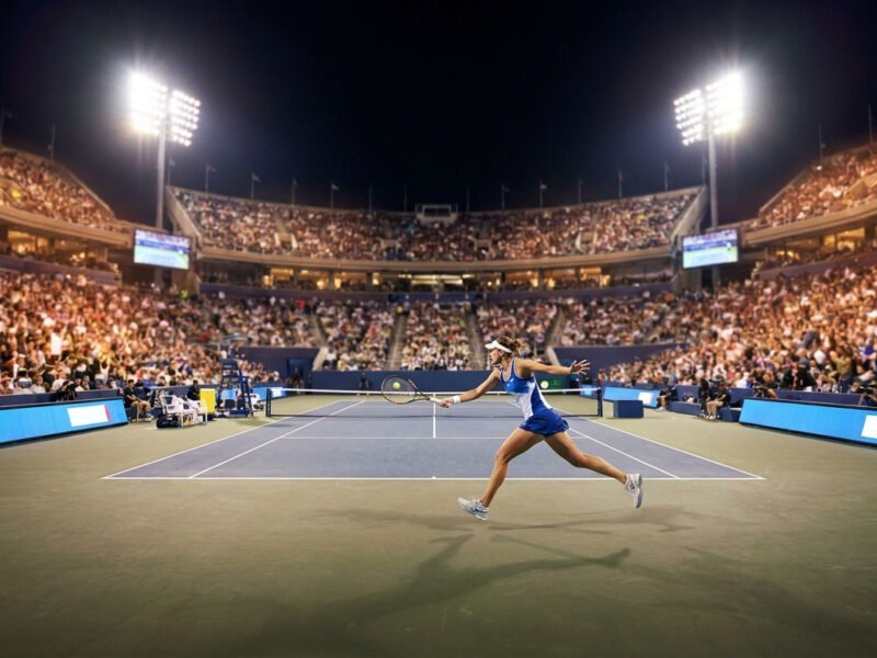 Une joueuse de tennis effectue un coup droit sur un court éclairé devant des tribunes bondées lors d'un tournoi nocturne.