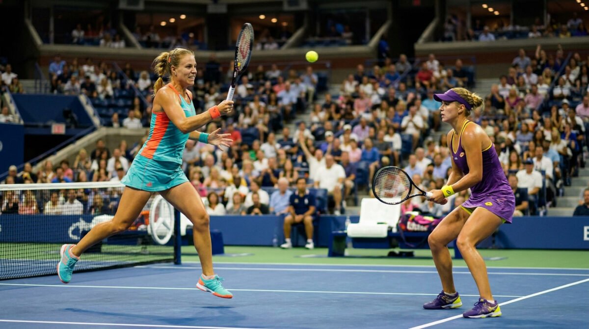 Deux joueuses de tennis professionnelles en plein échange intense sur un court dur devant des tribunes remplies.