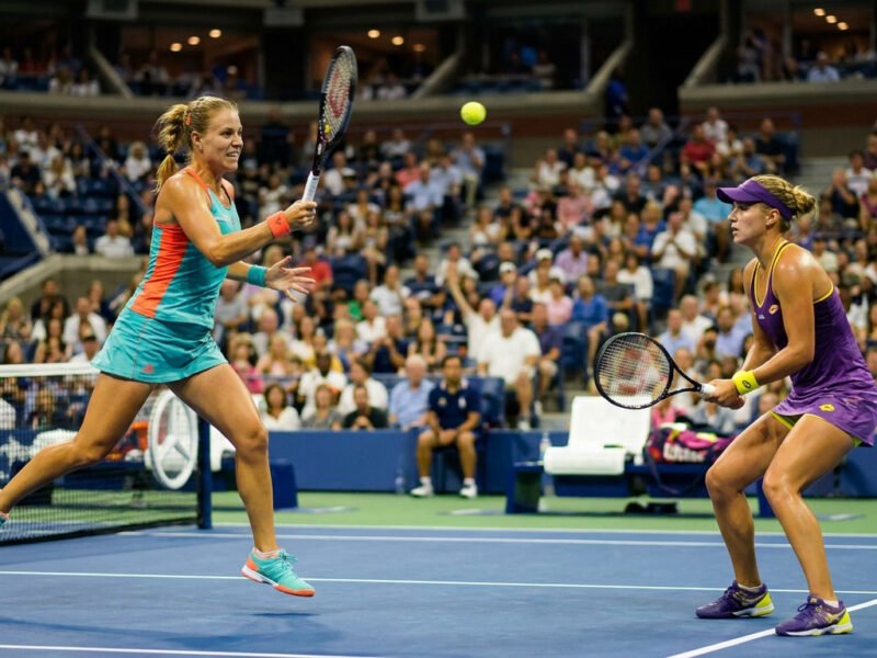 Deux joueuses de tennis professionnelles en plein échange intense sur un court dur devant des tribunes remplies.